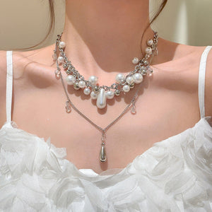 French Old Money Multi Layer Faux Pearl Teardrop Necklace For Women Light Luxury Collarbone Jewelry