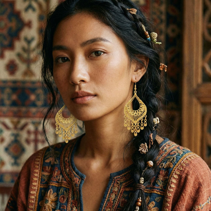 Bohemian Ethnic Gold Alloy Teardrop Filigree Tassel Statement Vintage Luxury Dangle Earrings