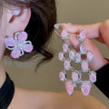 Light Luxury Copper Pink Zircon Flower Earrings And Ring Jewelry Set For Women view 2