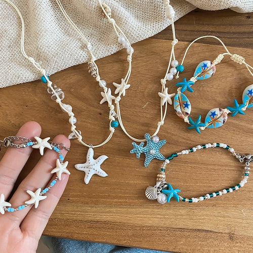 Vacation Style Shell Starfish Bracelet And Necklace Jewelry Set With Light Luxury Beach Design