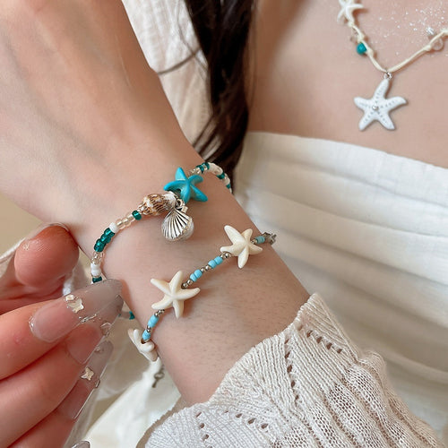 Vacation Style Shell Starfish Bracelet And Necklace Jewelry Set With Light Luxury Beach Design