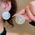 18K Gold Plated Copper Oval Printed Matte Vintage Geometric Stud Earrings With Silver Pins view 3