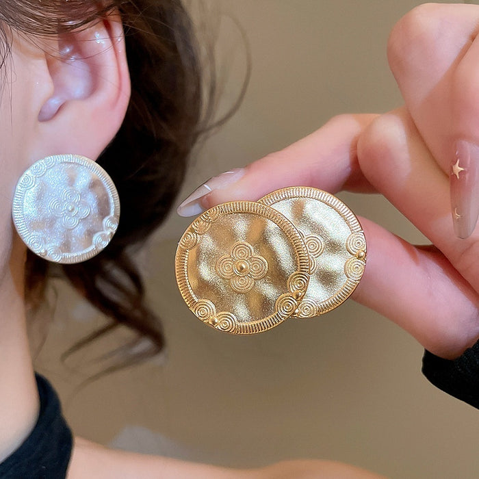 18K Gold Plated Copper Oval Printed Matte Vintage Geometric Stud Earrings With Silver Pins