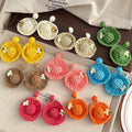 Summer Vacation Handmade Woven Straw Hat Tassel Stud Earrings With Raffia Petal Design view 2