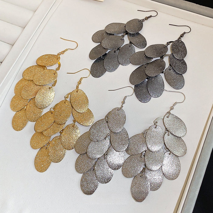 Matte Iron Waterdrop Sequin Tassel Drop Earrings, Vintage Geometric Oval Statement Style