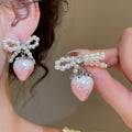 Sweet Strawberry Stud Earrings With Faux Pearl Zircon Gradient Design And Silver Posts view 1