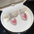 Sweet Strawberry Stud Earrings With Faux Pearl Zircon Gradient Design And Silver Posts view 2