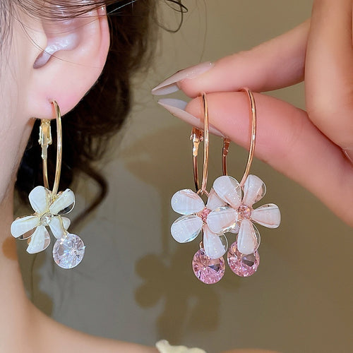 Resin Flower Hoop Earrings With Zircon Rhinestones, Sweet Playful Girls Jewelry