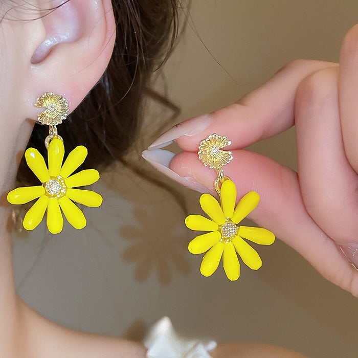 Yellow Glass Flower Stud Earrings For Women, Fresh Sweet Vacation Style Versatile Jewelry