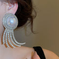 Luxury Alloy Full Rhinestone Pearl Tassel Drop Earrings For Women Geometric Round Banquet Style view 3