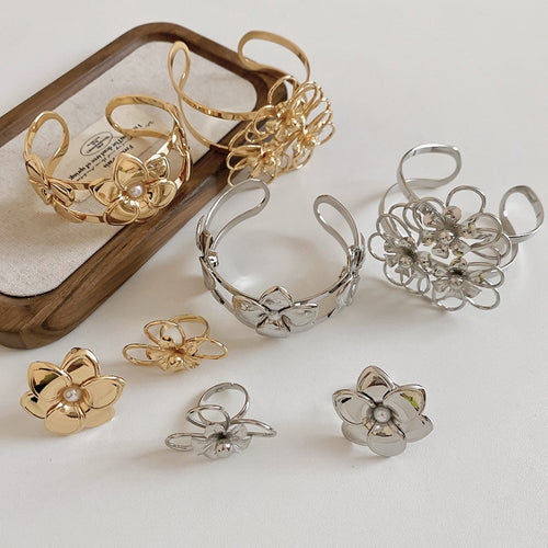 European American Style Iron Hollow Floral Open Cuff Bracelet Ring Jewelry Set