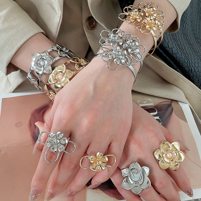 European American Style Iron Hollow Floral Open Cuff Bracelet Ring Jewelry Set