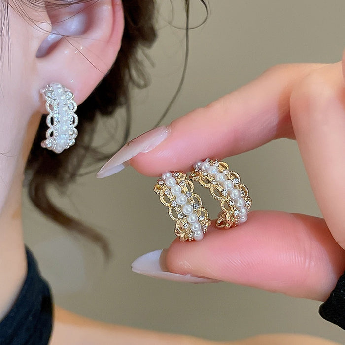 French Vintage Teardrop Faux Pearl Stud Earrings For Women, Light Luxury Geometric Round Design