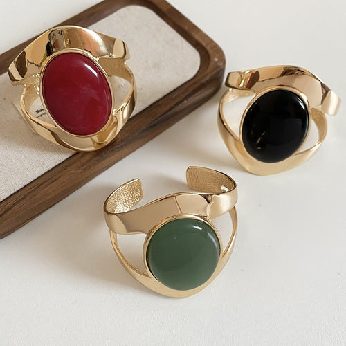 Gold Wide Open Color Stone Inlay Bangle, Vintage European Style Alloy Statement Bracelet