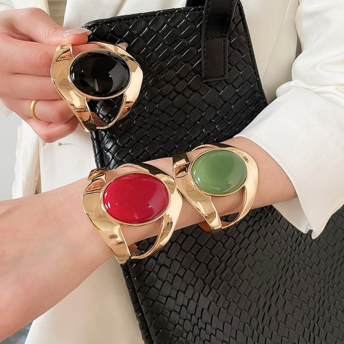 Gold Wide Open Color Stone Inlay Bangle, Vintage European Style Alloy Statement Bracelet