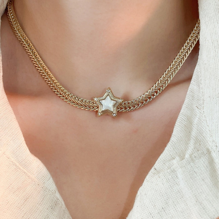 Copper Zircon Mother Of Pearl Star Necklace Sweet Cool Palace Style Clavicle Chain