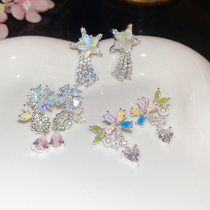 Sweet Floral Star Zircon Copper Drop Earrings With Silver Needle Posts