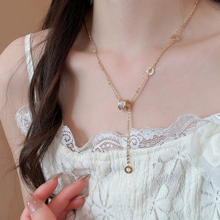 18K Gold Plated Copper Zircon Round Geometric Hourglass Pendant Necklace Light Luxury Clavicle Chain