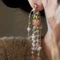 French Vintage Rose Faux Pearl Tassel Drop Earrings Sweet Floral Long Elegant Jewelry view 4