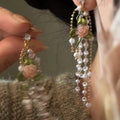 French Vintage Rose Faux Pearl Tassel Drop Earrings Sweet Floral Long Elegant Jewelry view 3
