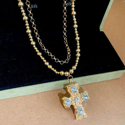 Vintage Gold Alloy Rhinestone Cross Pendant Necklace For Women, Old Money Layered Collarbone Chain