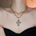 Vintage Gold Alloy Rhinestone Cross Pendant Necklace For Women, Old Money Layered Collarbone Chain view 3