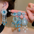 Luxury Copper Zircon Hollow Oval Flower Earrings Ring Bracelet Jewelry Set For Banquet view 4