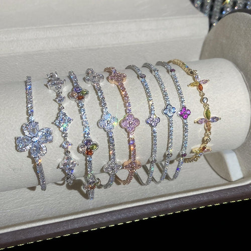 Korean Minimalist Copper Zircon Geometric Diamond Flower Bangle For Women Fashion Jewelry