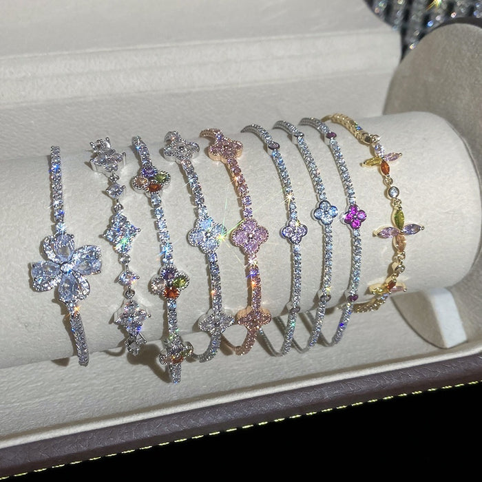 Korean Minimalist Copper Zircon Geometric Diamond Flower Bangle For Women Fashion Jewelry
