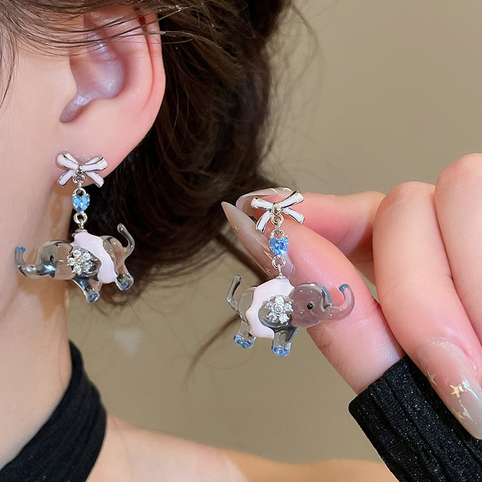 Cartoon Resin Bow Elephant Stud Earrings With Zircon Accents, Sweet Light Luxury Style