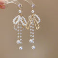 Light Luxury French Rhinestone Bow Tassel Faux Pearl Drop Earrings With Silver Pins view 4
