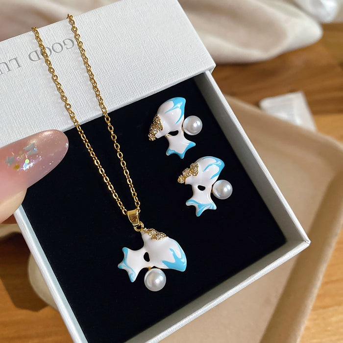 French Minimalist Copper Starfish Pearl Earrings And Necklace Jewelry Set For Vacation Style