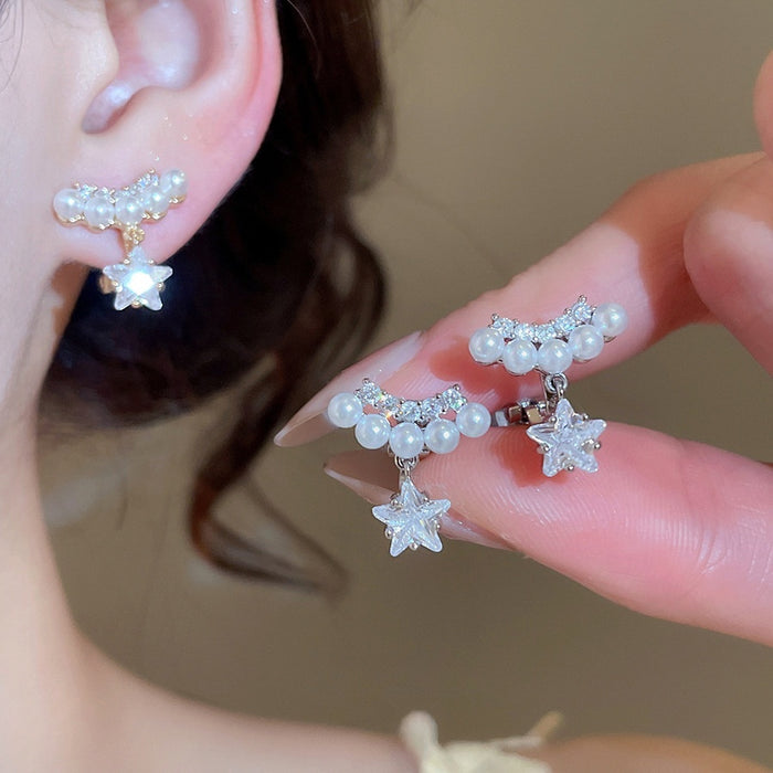 14K Gold Plated Zirconia Faux Pearl Flower Clip-on Earrings For Women Sweet Luxury Style