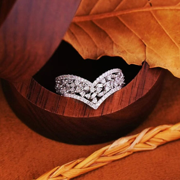 Stackable V Shape Ring For Women, Light Luxury Geometric Half Circle Band Korean Jewelry