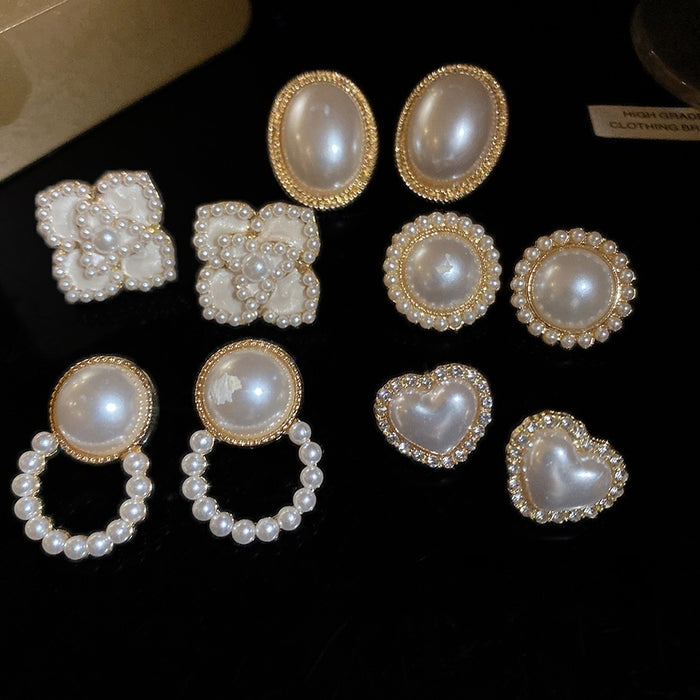 French Vintage Imitation Pearl Stud Earrings Jewelry Set With Oval Heart Flower Design