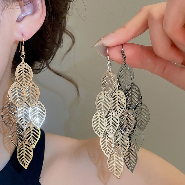 Statement Iron Leaf Hollow Tassel Drop Earrings, Trendy Metal Hook Earrings For Women