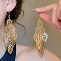 Statement Iron Leaf Hollow Tassel Drop Earrings, Trendy Metal Hook Earrings For Women view 3