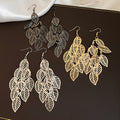 Statement Iron Leaf Hollow Tassel Drop Earrings, Trendy Metal Hook Earrings For Women view 2