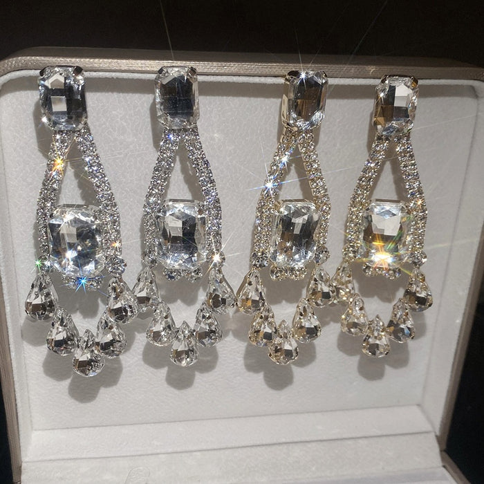 Luxury Crystal Copper Long Drop Earrings For Women, Rhinestone Teardrop Vintage Court Banquet Style