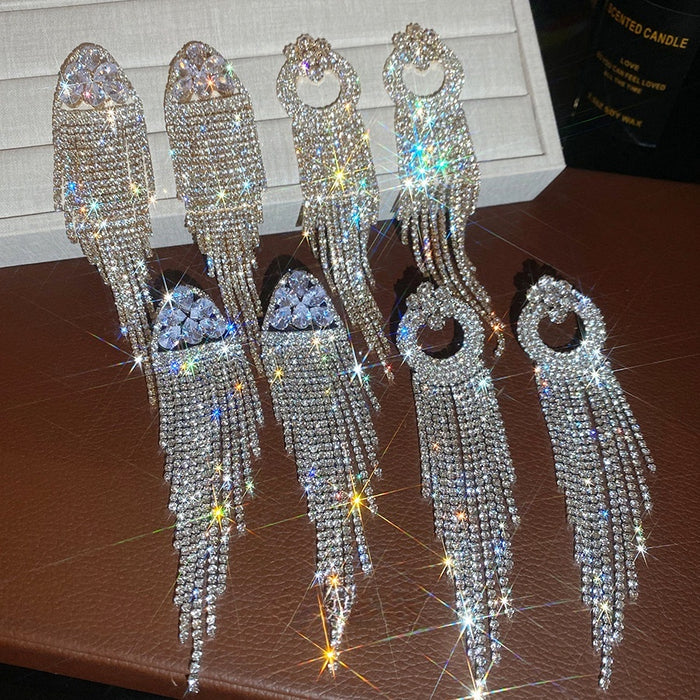 European Style Copper Round Rhinestone Tassel Drop Earrings With Silver Pins For Women