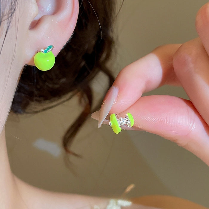Copper Silver Pin Green Apple Stud Earrings For Women Cute Mini Fruit Y2K Sweet Cool Style