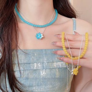 Dopamine Sweet Artificial Crystal Beaded Flower Double Layer Necklace For Women Vacation Style