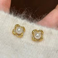 French Retro Camellia Faux Pearl Stud Earrings For Women, Light Luxury Floral OL Style view 1