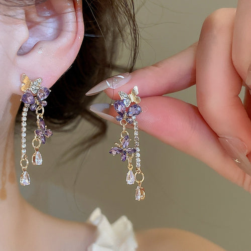 Purple Butterfly Tassel Drop Earrings Light Luxury Alloy Statement Ear Studs For Daily Wear