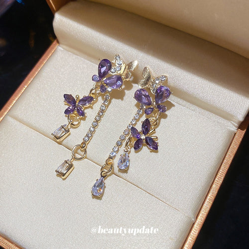 Purple Butterfly Tassel Drop Earrings Light Luxury Alloy Statement Ear Studs For Daily Wear