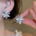 Blue Cat Eye Stone Flower Stud Earrings With Silver Posts, Light Luxury Versatile Style view 4