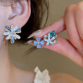 Blue Cat Eye Stone Flower Stud Earrings With Silver Posts, Light Luxury Versatile Style view 2