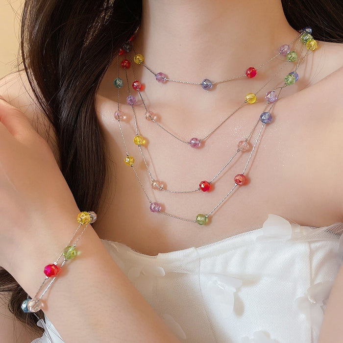 Sweet Dopamine Color Faux Crystal Round Beaded Necklace Bracelet Jewelry Set For Summer