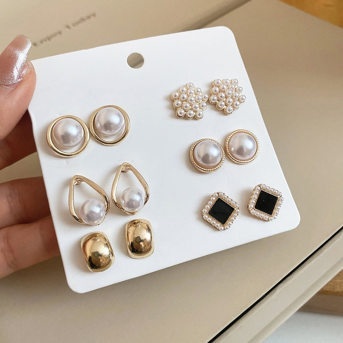 Vintage Elegant Faux Pearl Stud Earrings Jewelry Set, Light Luxury Round Geometric Fashion Earrings