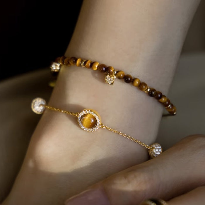 Vintage Maillard Style Natural Tiger Eye Lucky Bead Bangle For Women Light Luxury Designer Jewelry